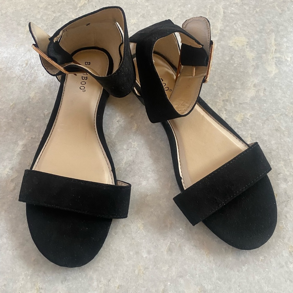 Black Vegan Suede Ankle-Strap Sandals with Gold Buckle by Bamboo